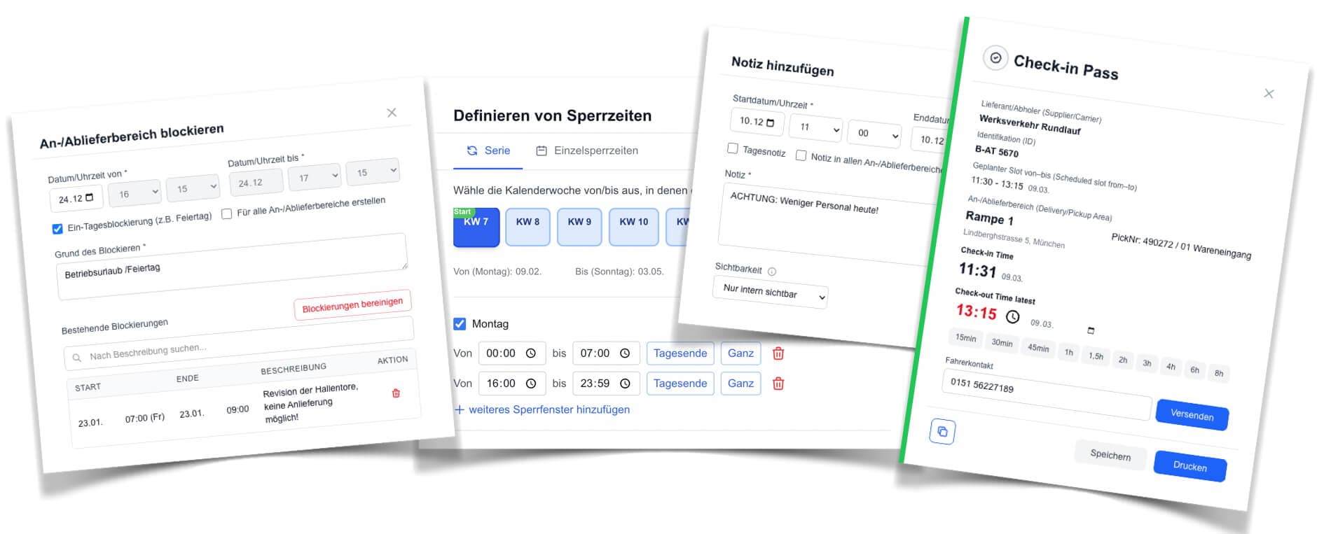 Sperrzeiten und Blockierungen - Flexible Zeitslot-Verwaltung mit Sperrzeiten, Blockierungen und Notizen für Lieferanten. Nutzen Sie den internen Check-in/Check-out Prozess um den Transport auf Ihrem Gelände zu steuern.