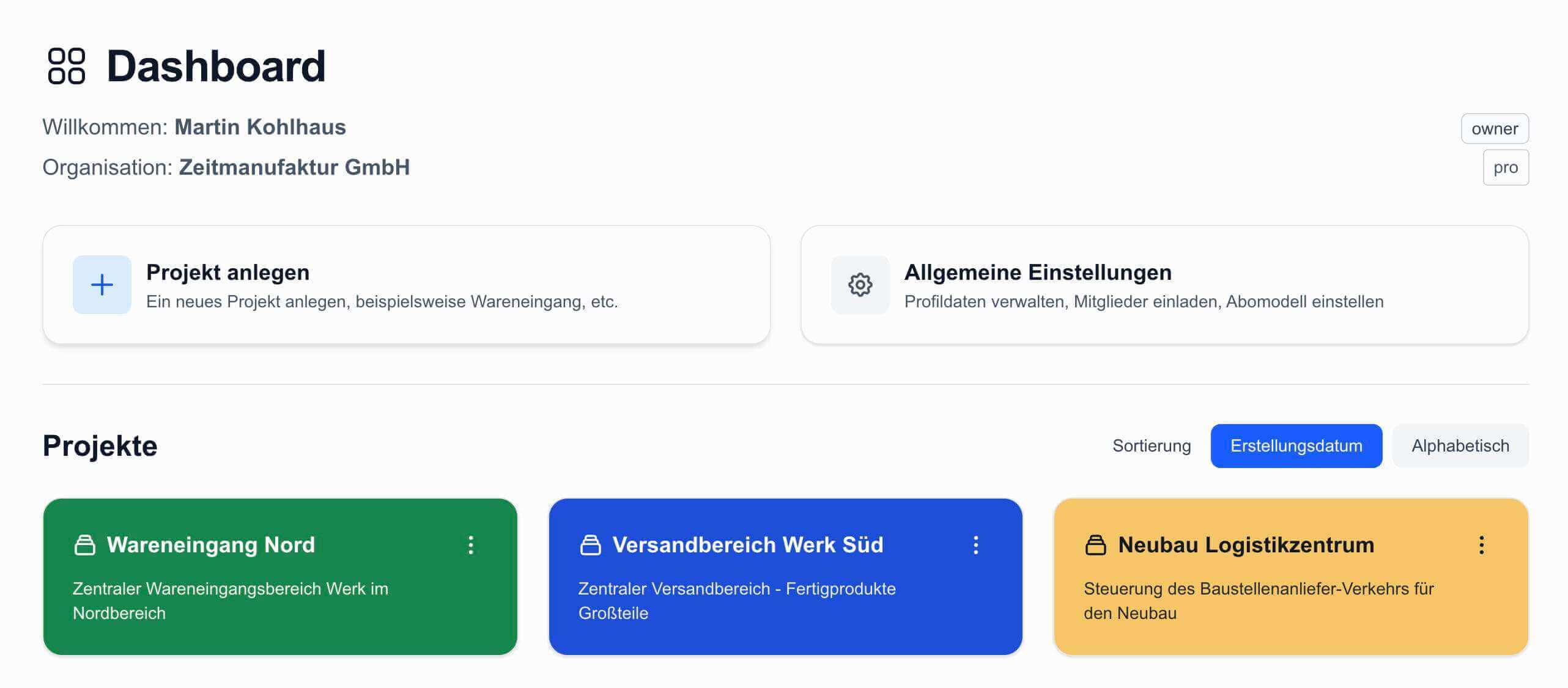 slotbase Dashboard - Zentrale Übersicht für Zeitslot-Management Projekte und Einstellungen