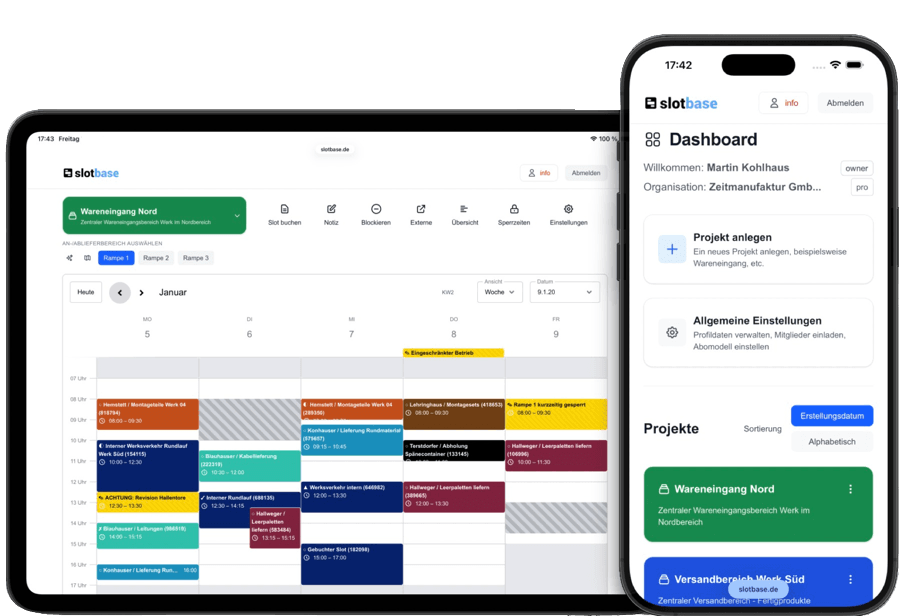 slotbase Zeitslot-Management auf allen Geräten - Responsive Software für Desktop, Tablet und Smartphone